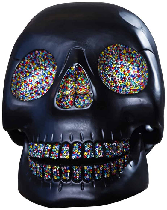 Meh Wood Skull Sculpture With Swarovski Crystal - Rainbow