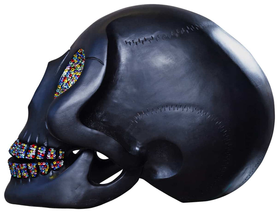 Meh Wood Skull Sculpture With Swarovski Crystal - Rainbow