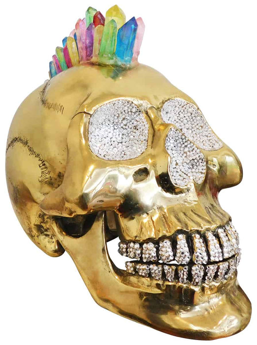 Brass Skull Art Sculpture With Crystal And Quartz Stone - Rainbow Mohawk