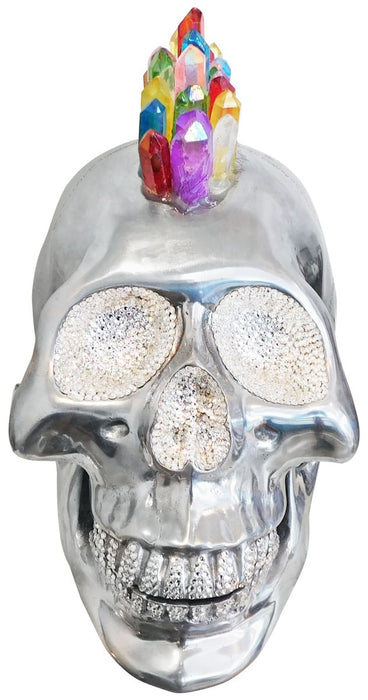 Aluminium Skull Art Sculpture With Crystal And Quartz Stone - Rainbow Mohawk