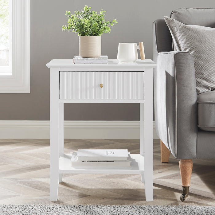 Zara Fluted 1 Drawer Side Table - White