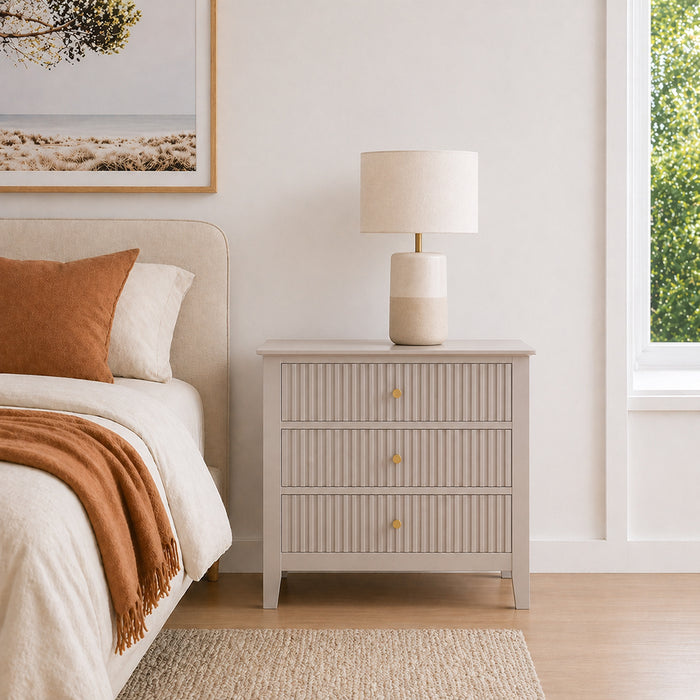 Zara Fluted WIDE 3 Drawer Bedside Table - Stone