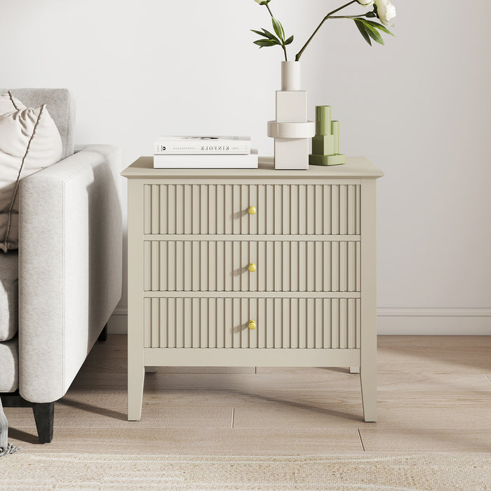 Zara Fluted WIDE 3 Drawer Bedside Table - Stone