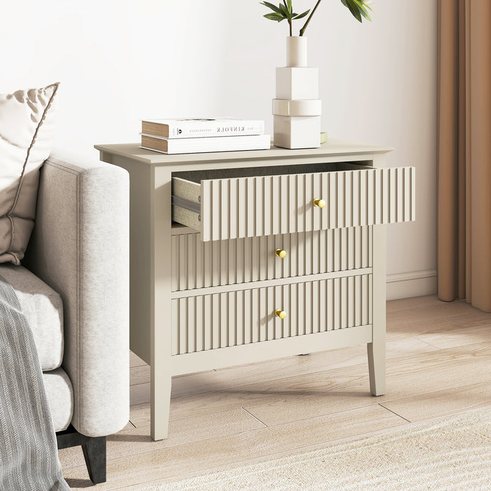 Zara Fluted WIDE 3 Drawer Bedside Table - Stone