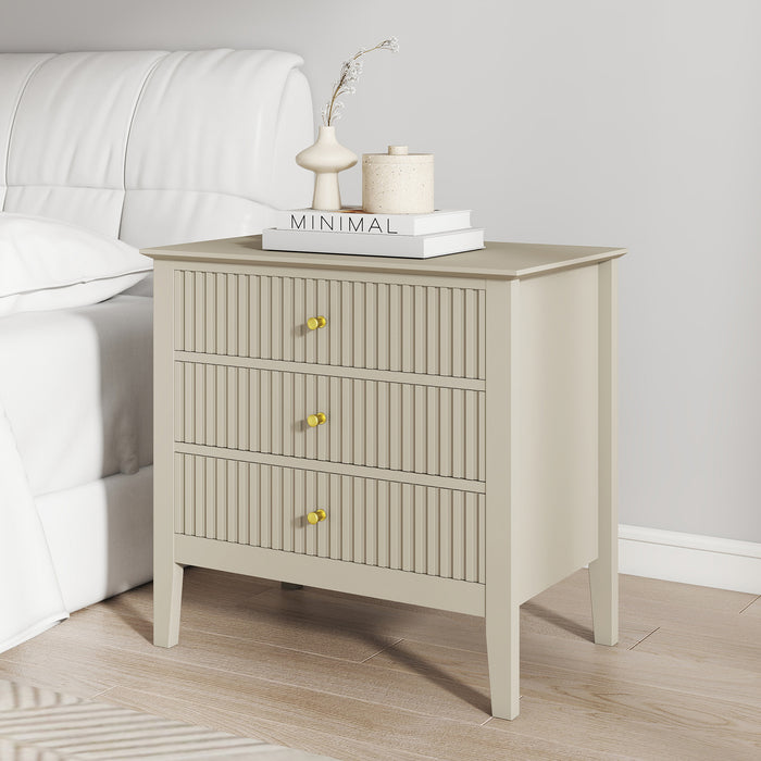 Zara Fluted WIDE 3 Drawer Bedside Table - Stone