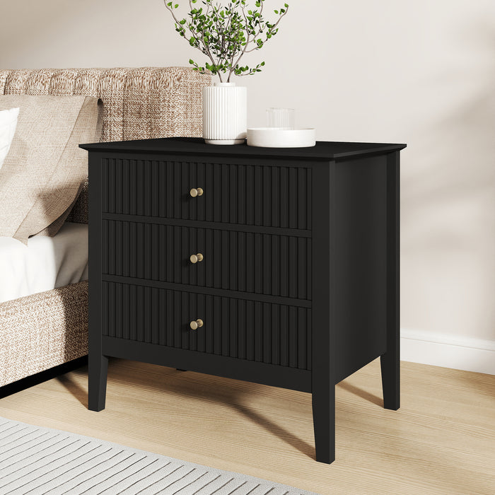 Zara Fluted WIDE 3 Drawer Bedside Table - Black