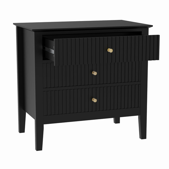 Zara Fluted WIDE 3 Drawer Bedside Table - Black