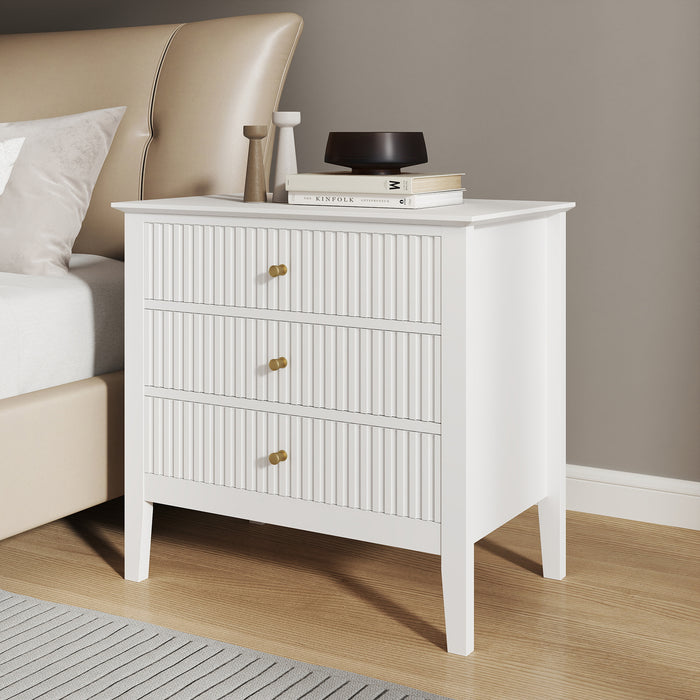 Zara Fluted WIDE 3 Drawer Bedside Table - White