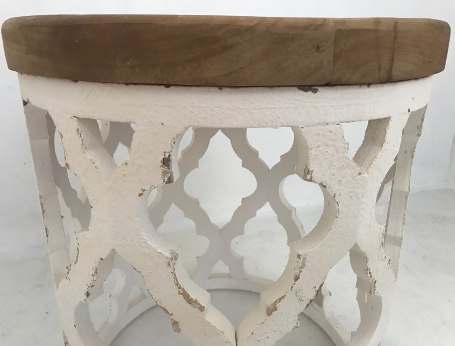 Lattice Round Shabby Chic Side Table Distressed White