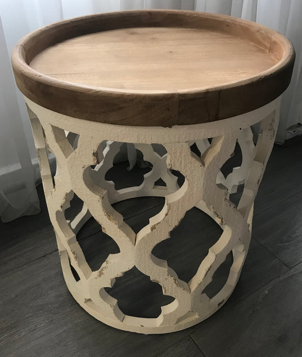 Lattice Round Shabby Chic Side Table Distressed White