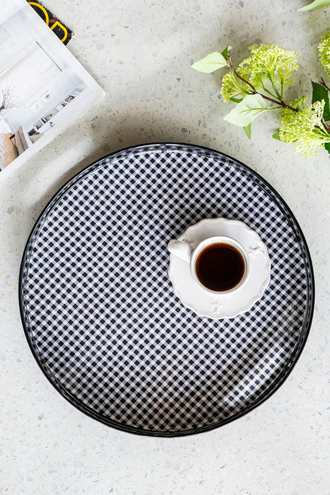 Set of 2 black and grey plaid motif round trays