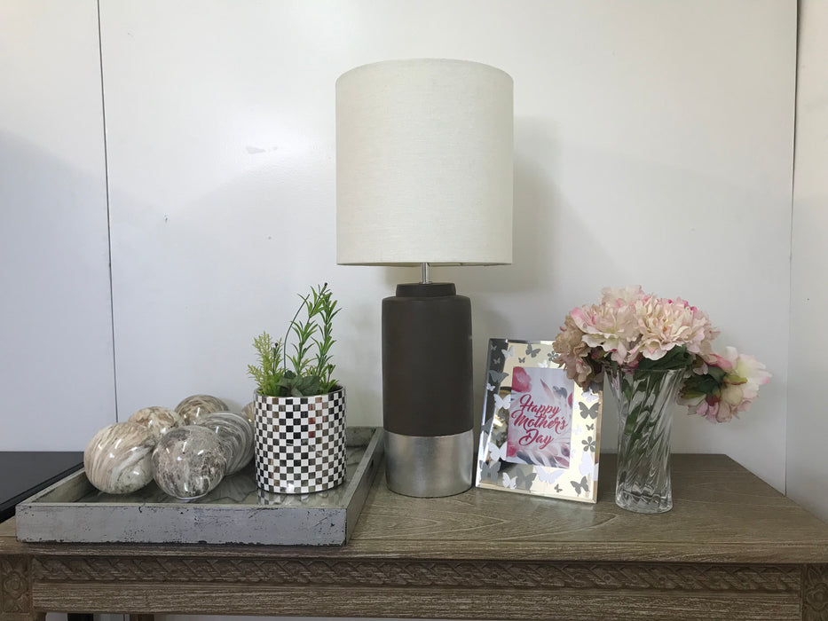 Zane Concrete Table Lamp Silver trim drum shade