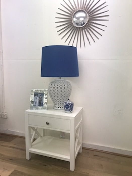 Lattice Tall White Table Lamp W/Blue Shade