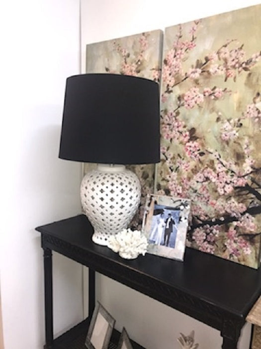 Lattice Tall White Table Lamp w/Black Shade