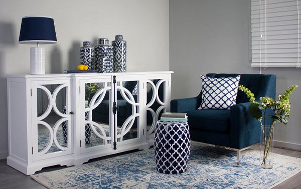 Keats Sideboard White with Mirror Backing. Buffet with storage.