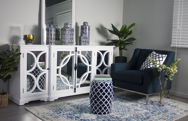 Keats Sideboard White with Mirror Backing. Buffet with storage.