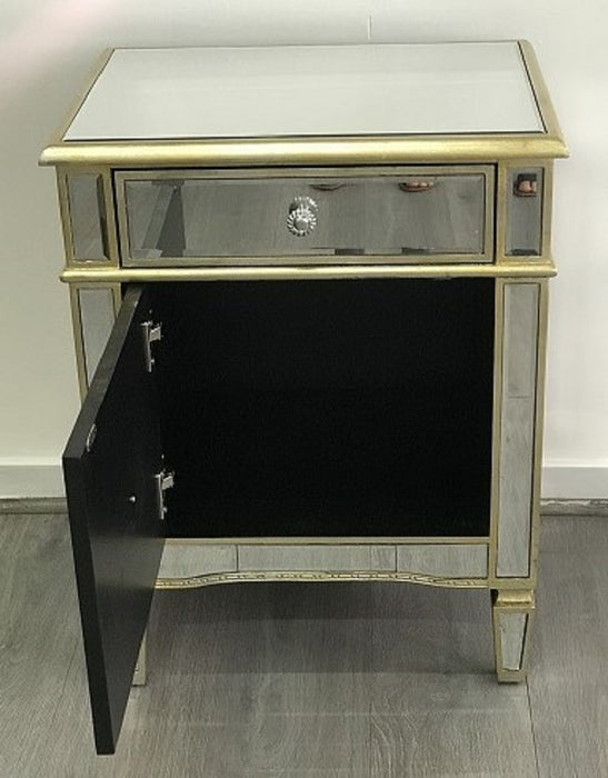 Mirrored Bedside Cabinet Antique 1 Door 1 Drawer