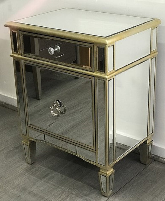 Mirrored Bedside Cabinet Antique 1 Door 1 Drawer