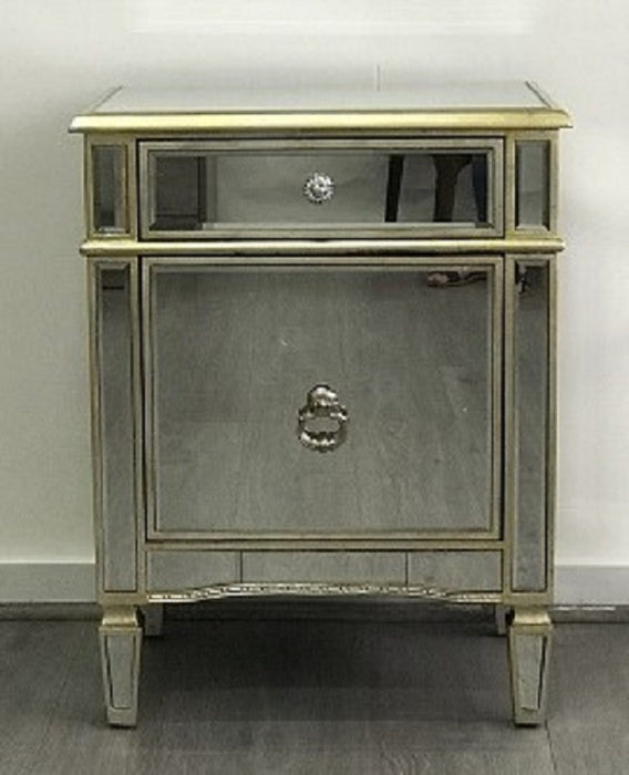 Mirrored Bedside Cabinet Antique 1 Door 1 Drawer