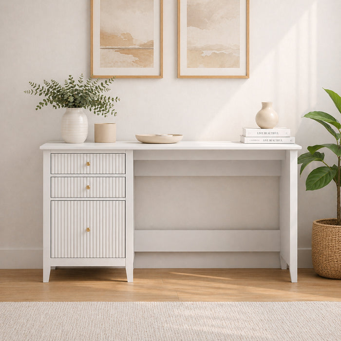 Zara Fluted 3 Drawer Vanity Desk - White