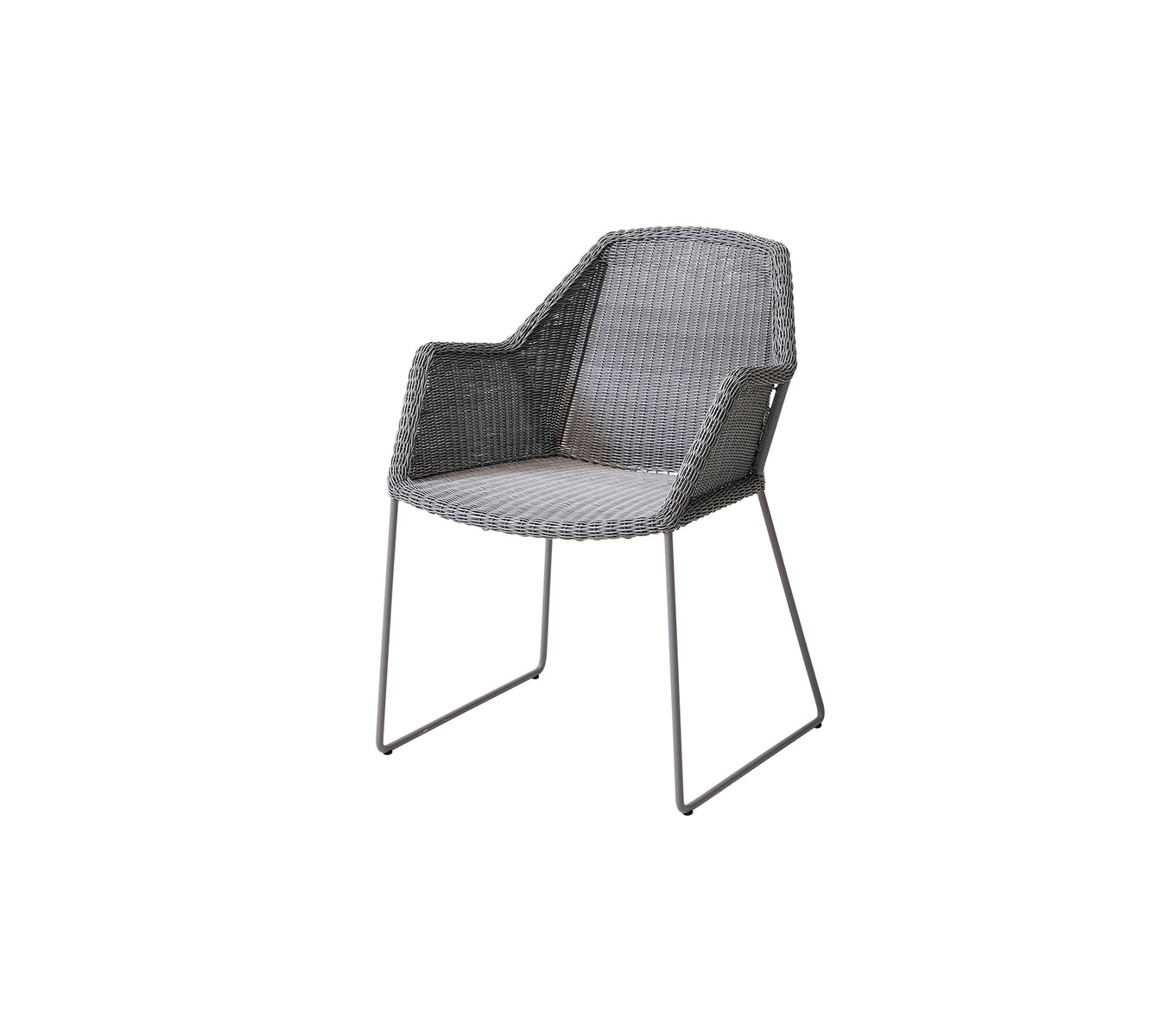 [Brand] modern wicker chair with sleek metal legs, gray.