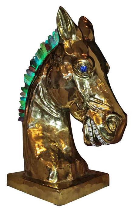 Calu Brass Horse Sculpture With Crystal And Quartz Stone