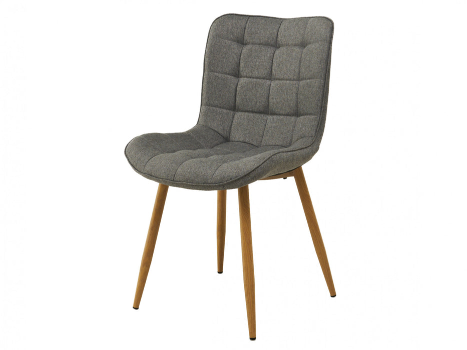Gray fabric chair with wooden legs, by [Brand].