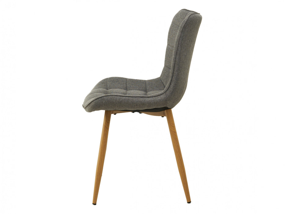 Gray chair with wooden legs by [Brand], side view.