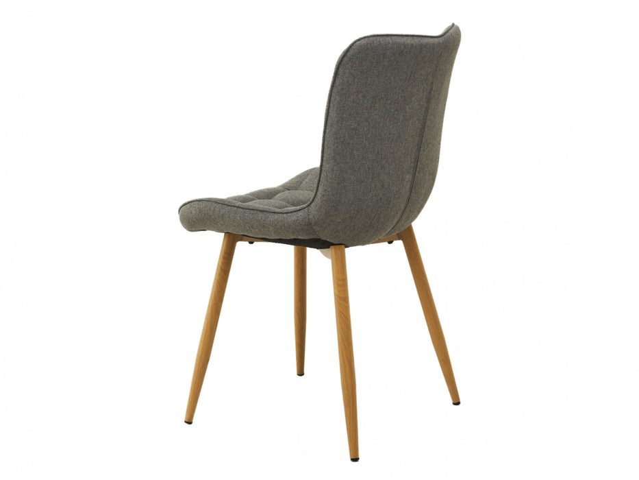 [Brand] gray upholstered chair with wooden legs, side view.