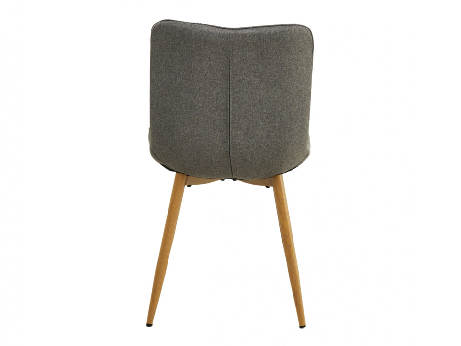 Gray upholstered chair with wooden legs by [Brand]. Minimalist design.