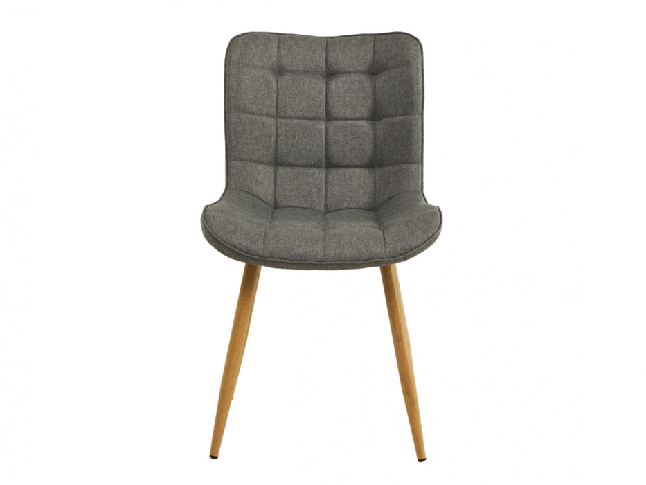 [Brand] grey cushioned chair with wooden legs, modern design.