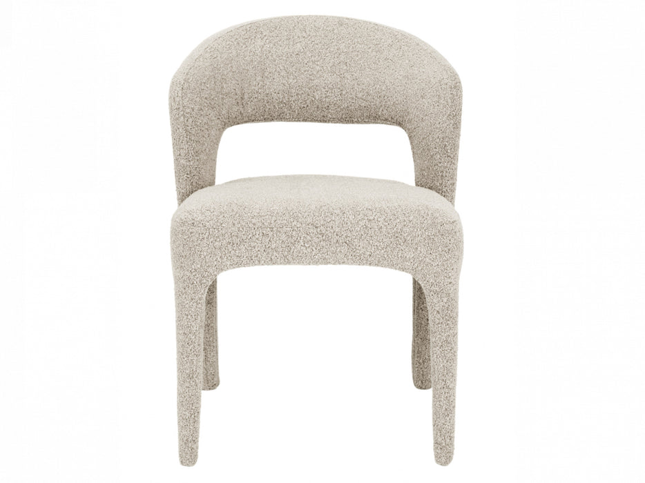Modern beige boucle chair with rounded backrest, by [Brand].
