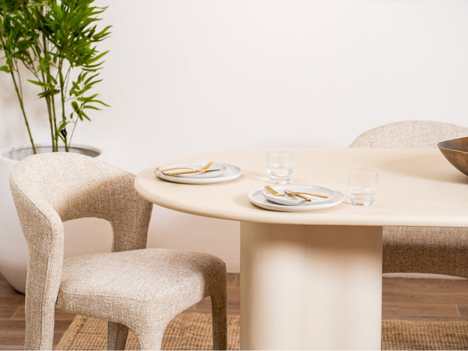 [Brand] modern dining set with beige chairs and table.
