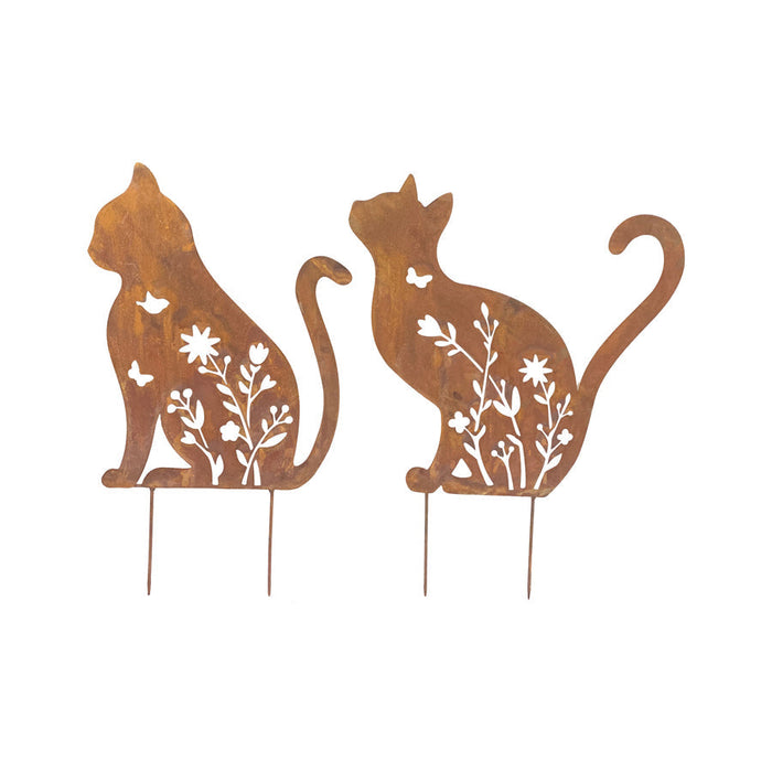 Set/2 Asst Rust Lasercut Sitting Cat Garden Stakes