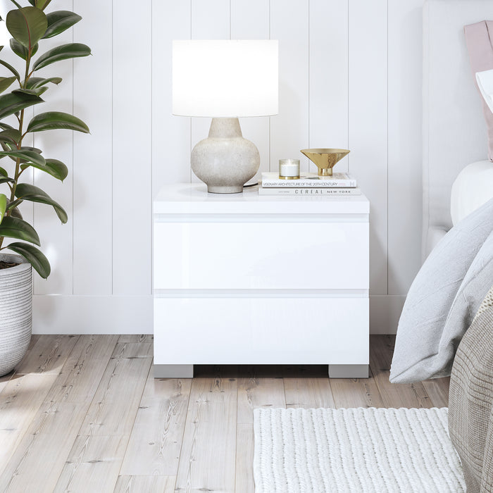 Elara 2 Drawer High Gloss Bedside Table - White