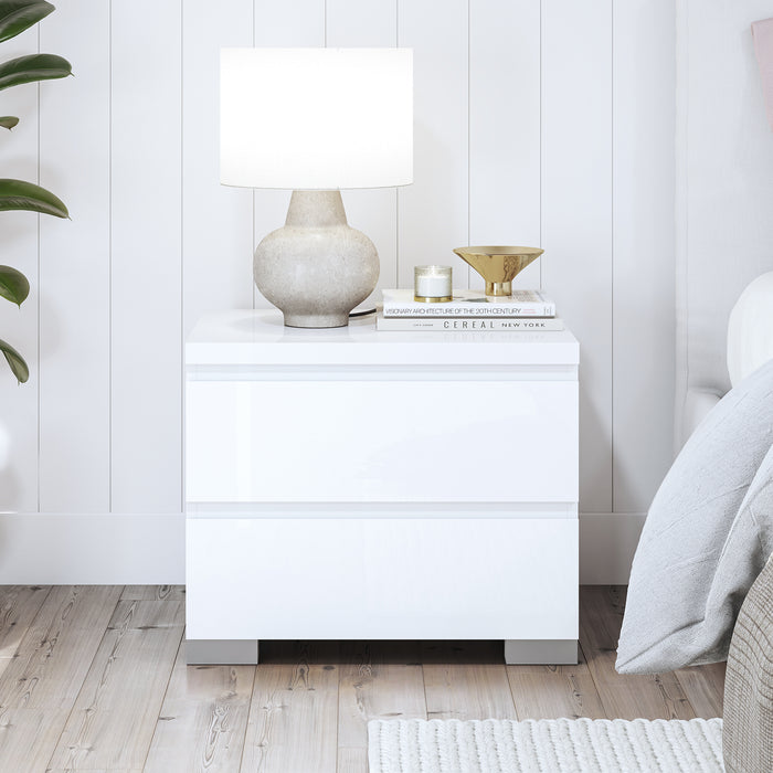 Elara 2 Drawer High Gloss Bedside Table - White