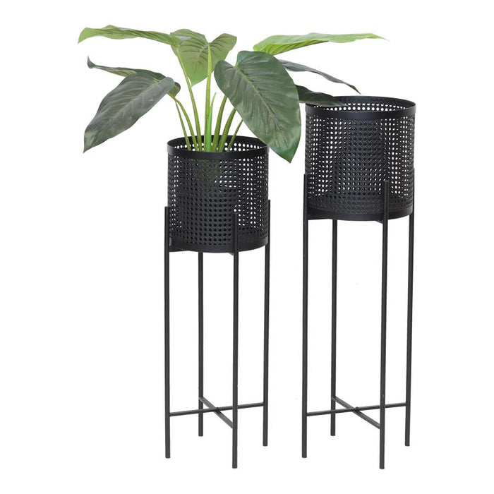 Set/2 Nested Black Weave-Look Stilted Planters