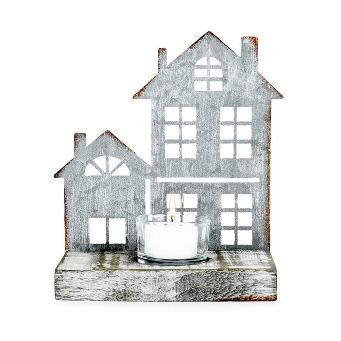 Galvanised Manor Home & Glass Candleholder on Base