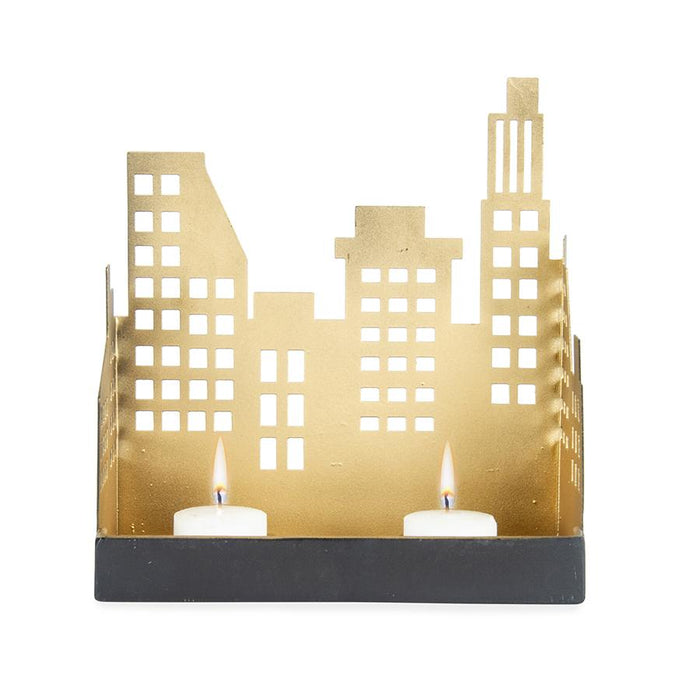 Lasercut Contemporary Silhouette Cityscape w/2 Candleholders