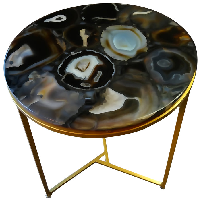 Sudoku Black Monochrome Agate Side Table With Matte Gold Frame