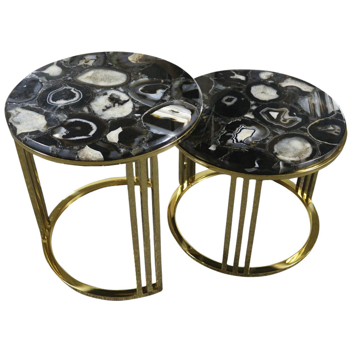 Sudoku Black Monochrome Agate Nesting Table Set With Gold Metal Frame