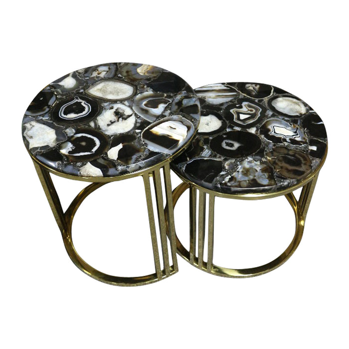 Sudoku Black Monochrome Agate Nesting Table Set With Gold Metal Frame