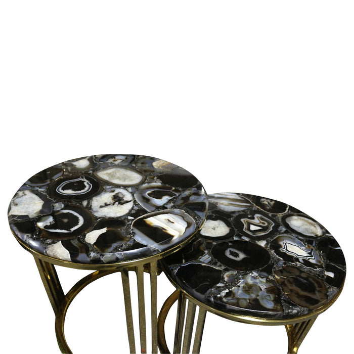 Sudoku Black Monochrome Agate Nesting Table Set With Gold Metal Frame