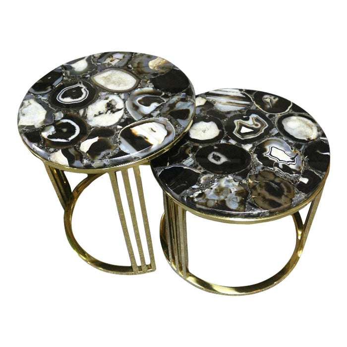 Sudoku Black Monochrome Agate Nesting Table Set With Gold Metal Frame