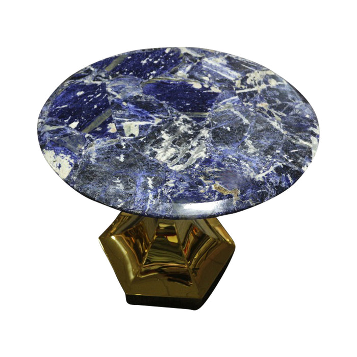 Dapper Solidate Blue Jasper Accent Table With Gold Metal Hexagon Base