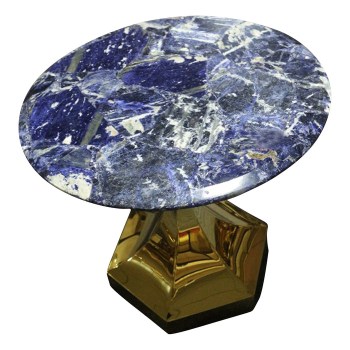 Dapper Solidate Blue Jasper Accent Table With Gold Metal Hexagon Base