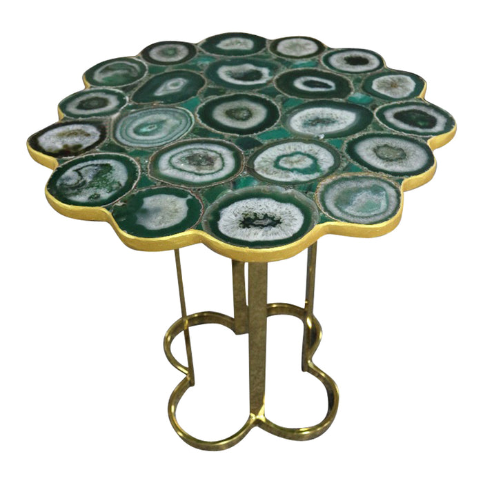 Clover Emerald Green Agate Stone End Table With Gold Metal Base