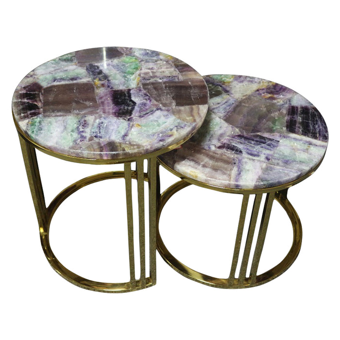 Heliotrope Purple Flourite Stone Nesting Table Set With Gold Metal Frame