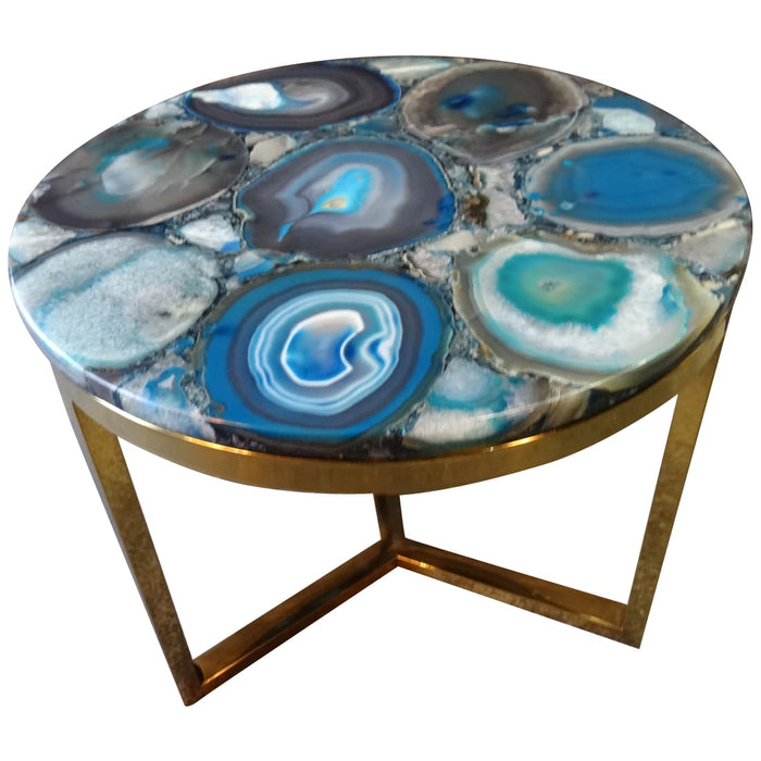 Azzure Teal Blue Agate Nesting Table With Gold Metal Frame