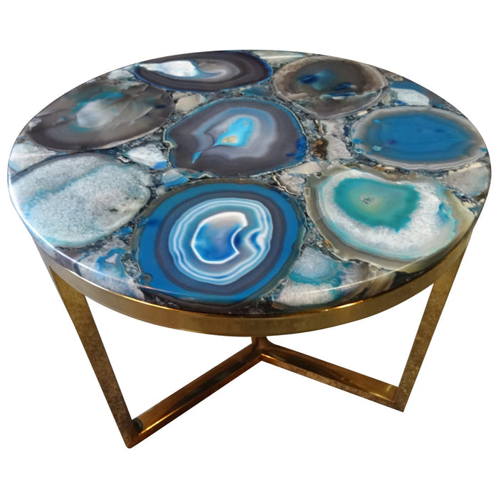 Azzure Teal Blue Agate Nesting Table With Gold Metal Frame